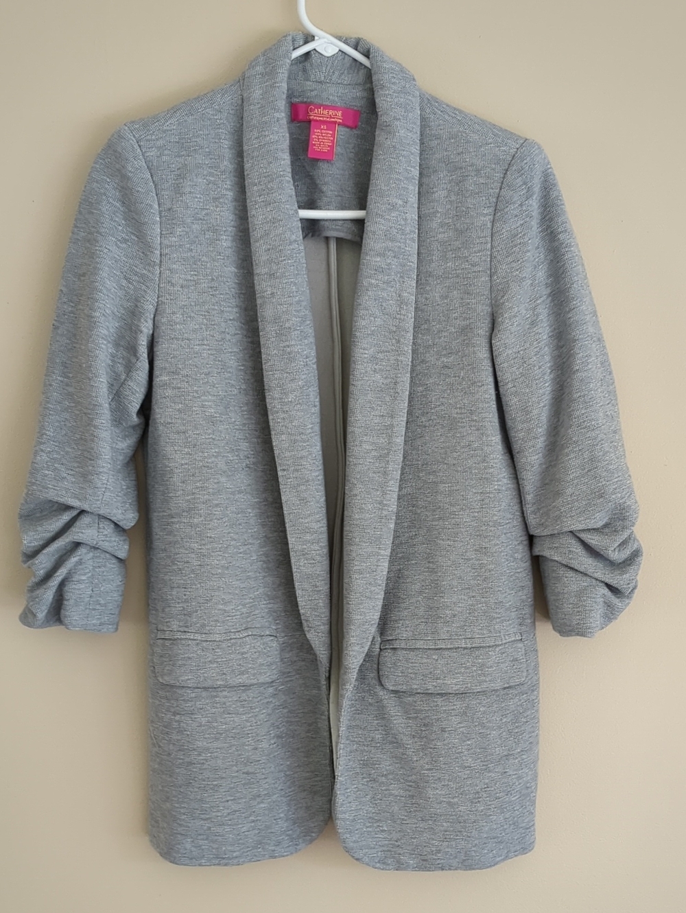 XS Catherine Catherine Malandrino Gray Open Front Scrunch Sleeve Jacket Blazer